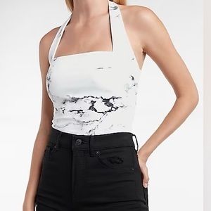 New Express Body Contour Halter Marbled Crop Top Black White Blouse